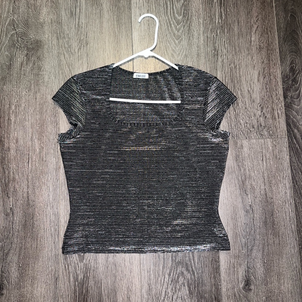 STAR CCC Vintage Black and Metallic Silver Sparkly Y2K 90s Crop Top